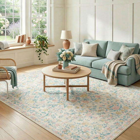 CHITOOMA 5'x7' Machine-washable Area Rugs for Living Room, Stain Resistant Non-Shed Carpet, Boho Floral Area Rugs with Non-Slip Backing for Bedroom, Dining Room, Dorm, Office