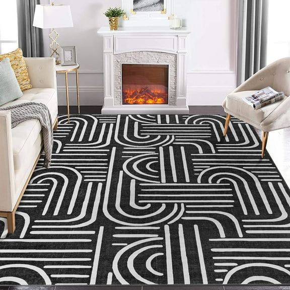 5'x7' Abstract Washable Area Rug for Bedroom Non-Slip Soft Living Room Rug, Ultra-Thin Modern Throw Carpet for Home Office Black