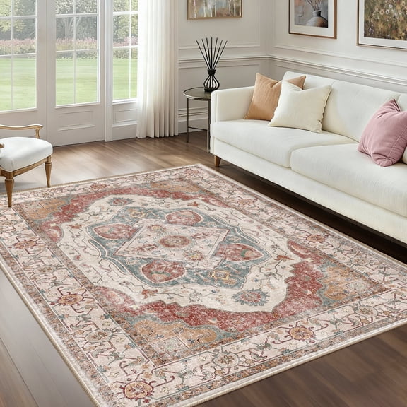 NewBuros 5'x7' Area Rugs for Living Room, Washable Non-Slip Vintage Tribal Print Rugs, Soft Low Pile Stain Resistant Carpet for Bedroom Dining Room, Brick Red