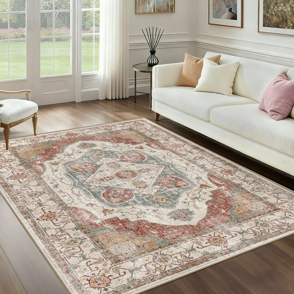 NewBuros 5'x7' Area Rugs for Living Room, Washable Non-Slip Vintage Tribal Print Rugs, Soft Low Pile Stain Resistant Carpet for Bedroom Dining Room, Brick Red