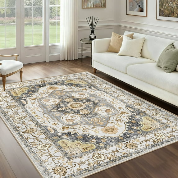 NewBuros 5'x7' Area Rugs for Living Room, Washable Non-Slip Vintage Tribal Print Rugs, Soft Low Pile Stain Resistant Carpet for Bedroom Dining Room, Gray & Yellow