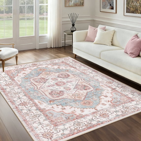NewBuros 5'x7' Area Rugs for Living Room, Washable Non-Slip Vintage Tribal Print Rugs, Soft Low Pile Stain Resistant Carpet for Bedroom Dining Room, Pink