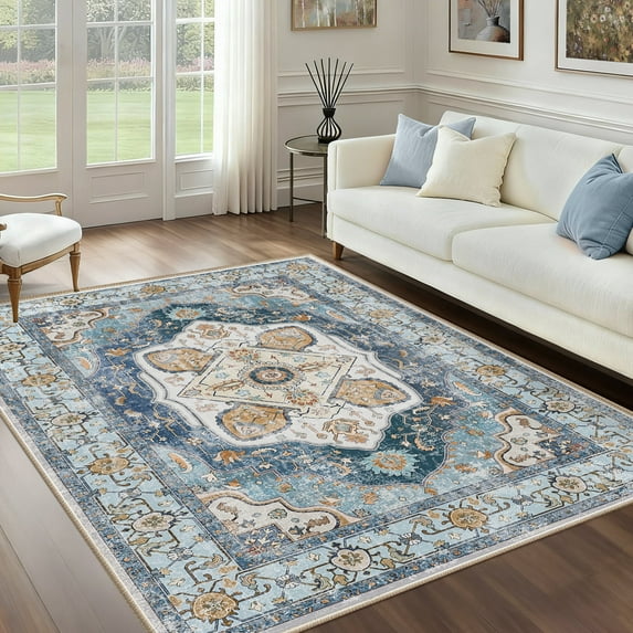 NewBuros 5'x7' Area Rugs for Living Room, Washable Non-Slip Vintage Tribal Print Rugs, Soft Low Pile Stain Resistant Carpet for Bedroom Dining Room, Pink