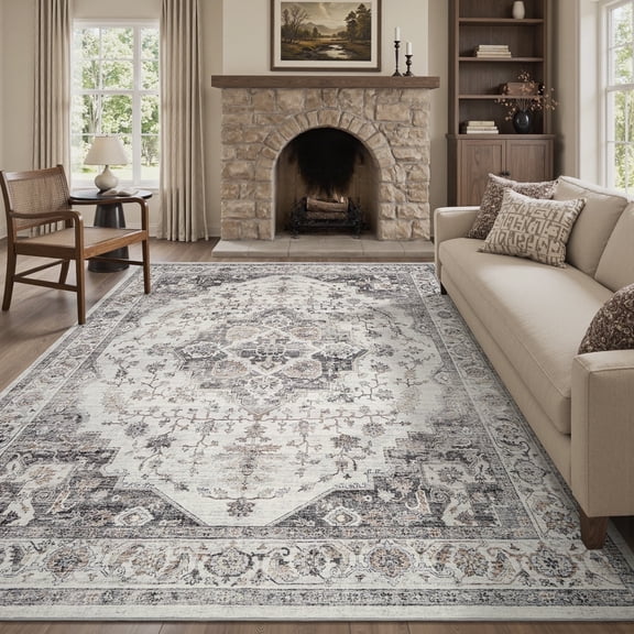 FEELHOME 5'x7' Area Rug Washable Carpet Soft Distressed Non Slip Vintage Rugs for Living Room Bedroom Kitchen Gray
