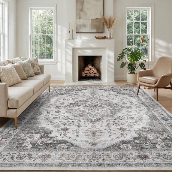 FEELHOME 5'x7' Area Rug Machine Washable Soft Vintage Distressed Non Slip Carpet for Living Room Bedroom Dining Room Gray