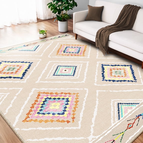 5'x7' Area Rugs for Living Room, Machine Washable Non-Slip Carpet, Soft Faux Wool Low Pile Moroccan Farmhouse Western Rug, Beige