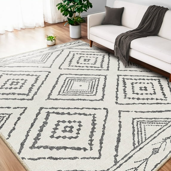 5'x7' Area Rugs for Living Room, Machine Washable Non-Slip Carpet, Soft Faux Wool Low Pile Moroccan Farmhouse Western Rug, Black and White