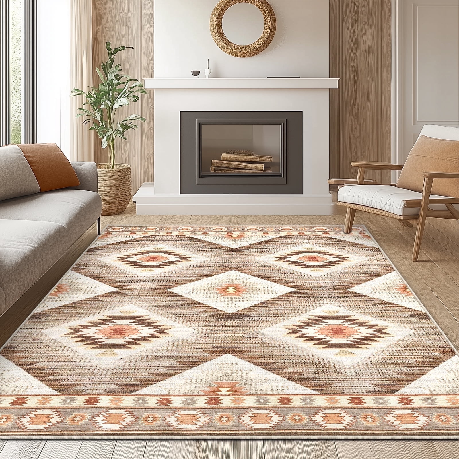 5'x7' Area Rugs for Living Room, Machine Washable Non-Slip Carpet, Soft Faux Wool Low Pile Moroccan Farmhouse Western Rug, Camel