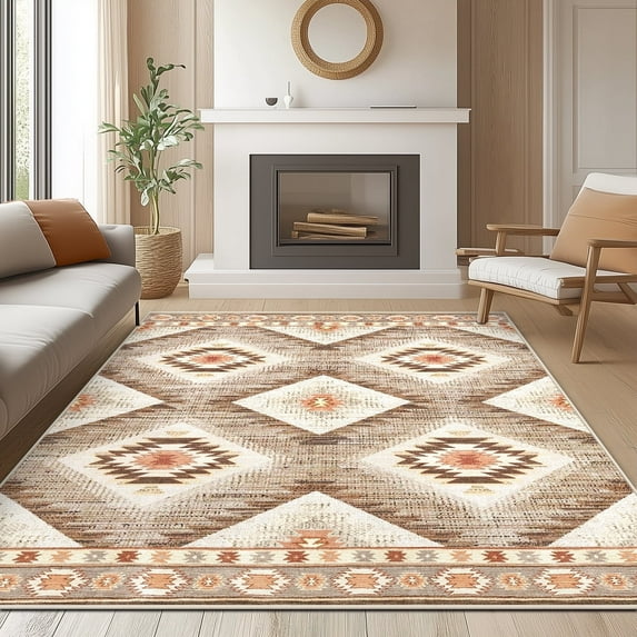 5'x7' Area Rugs for Living Room, Machine Washable Non-Slip Carpet, Soft Faux Wool Low Pile Moroccan Farmhouse Western Rug, Camel