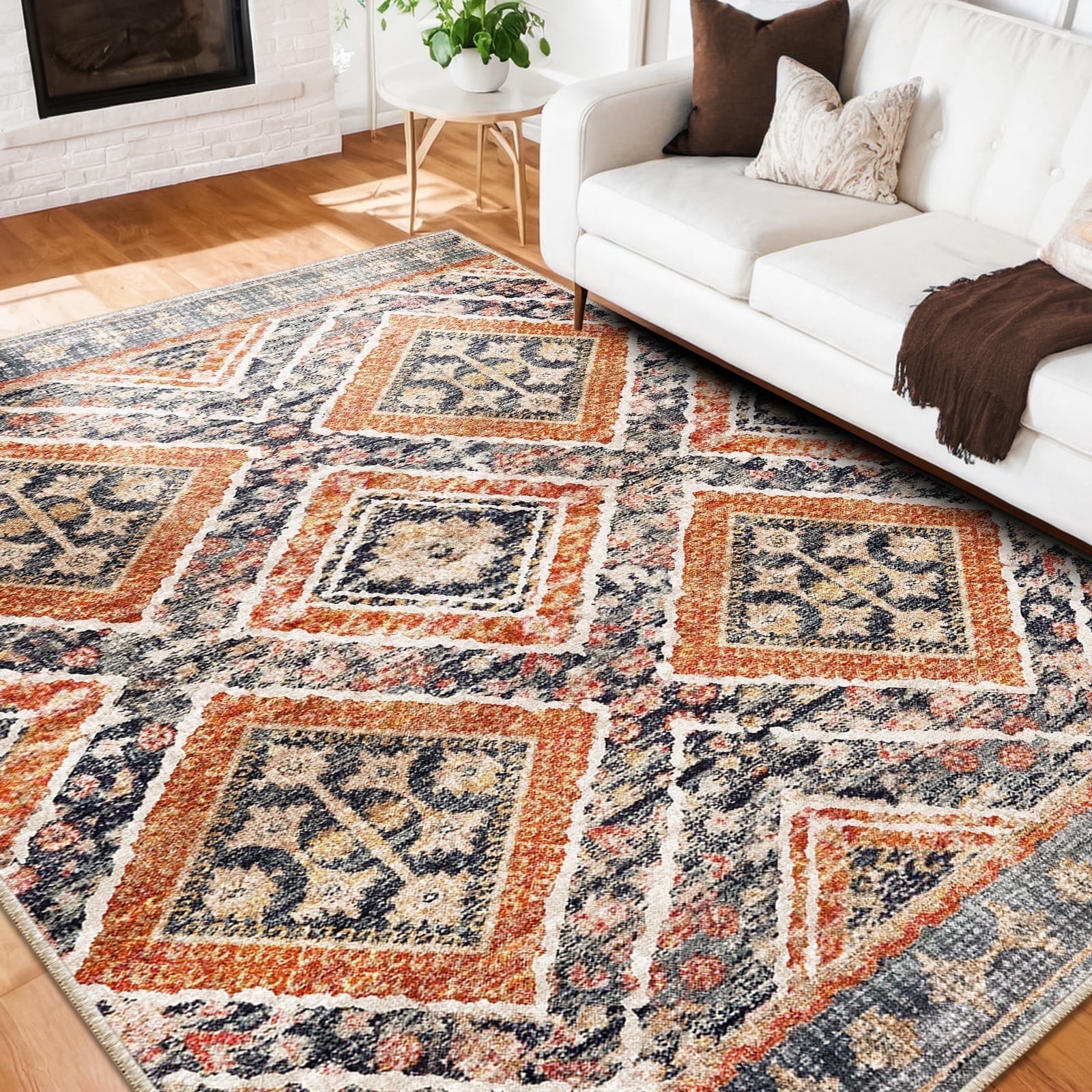 5'x7' Area Rugs for Living Room, Machine Washable Non-Slip Carpet, Soft Faux Wool Low Pile Moroccan Farmhouse Western Rug, Orange