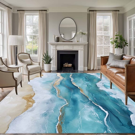 5'x7' Area Rugs, Aqua Ombre Beach Indoor Outdoor Area Rug for Living Room Bedroom, Coastal Nautical Summer Seaside Washable Bathroom Rugs Kitchen Floor Carpet Mats Home Decor Aesthetic
