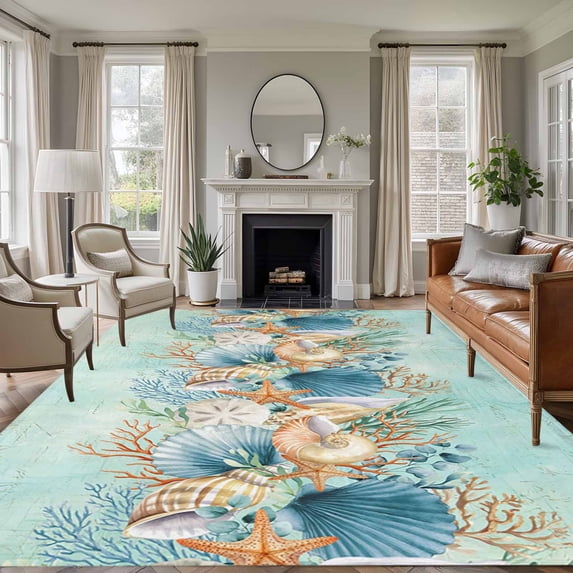 5'x7' Area Rugs, Beach Coastal Teal Indoor Outdoor Area Rug for Living Room Bedroom, Nautical Shell Starfish Coral Summer Washable Bathroom Rugs Kitchen Floor Carpet Mats Home Decor Aesthetic