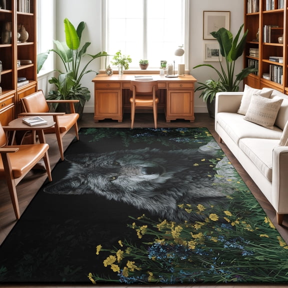 5'x7' Area Rugs, Black Gray Wolf Indoor Outdoor Area Rug for Living Room Bedroom, Wildflowers Animal Wilderness Washable Bathroom Rugs Kitchen Floor Carpet Mats Home Decor Aesthetic
