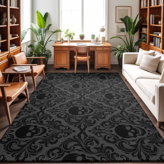 5'x7' Area Rugs, Black Skeleton Indoor Outdoor Area Rug for Living Room Bedroom, Light Blue Horror Skull Vintage Chic Art Washable Bathroom Rugs Kitchen Floor Carpet Mats Home Decor Aesthetic