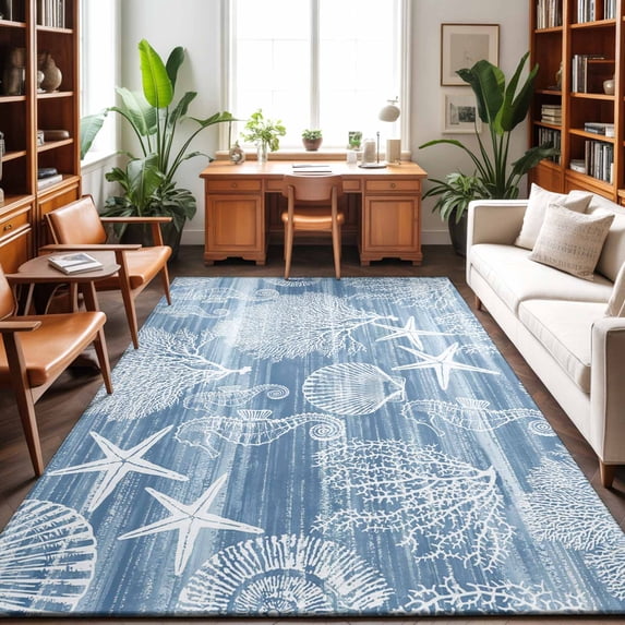 5'x7' Area Rugs, Blue Coastal Indoor Outdoor Area Rug for Living Room Bedroom, Nautical Coral Starfish Shell Seahorse Ocean Washable Bathroom Rugs Kitchen Floor Carpet Mats Home Decor Aesthetic