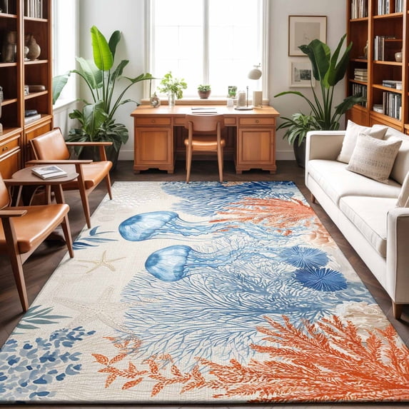 5'x7' Area Rugs, Blue Coastal Jellyfish Indoor Outdoor Area Rug for ...