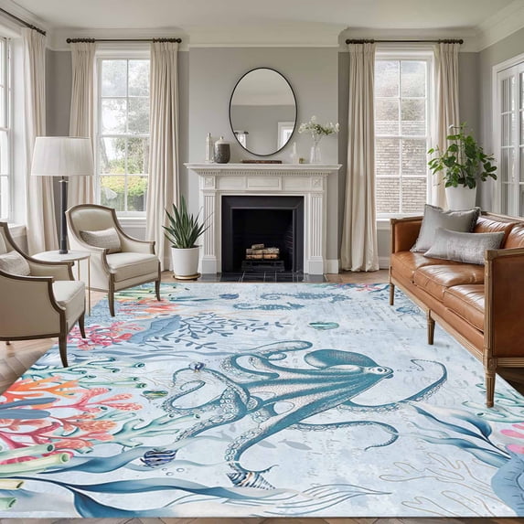 5'x7' Area Rugs, Blue Jellyfish Octopus Indoor Outdoor Area Rug for Living Room Bedroom, Beach Nautical Ocean Coral Seahorse Washable Bathroom Rugs Kitchen Floor Carpet Mats Home Decor Aesthetic