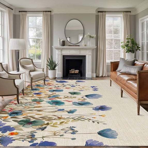 5'x7' Area Rugs, Blue Teal Spring Floral Indoor Outdoor Area Rug for Living Room Bedroom, Watercolor Botanical Summer Flowers Washable Bathroom Rugs Kitchen Floor Carpet Mats Home Decor Aesthetic
