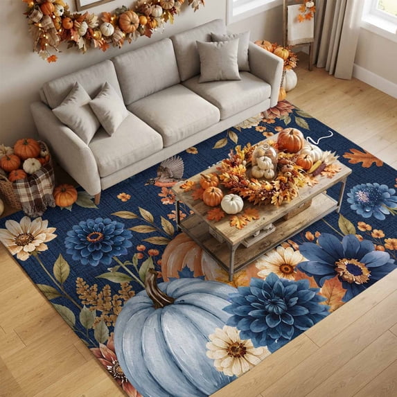 5'x7' Area Rugs, Blue Thanksgiving Indoor Outdoor Area Rug for Living Room Bedroom, Fall Farmhouse Harvest Pumpkin Flowers Washable Bathroom Rugs Kitchen Floor Carpet Mats Home Decor