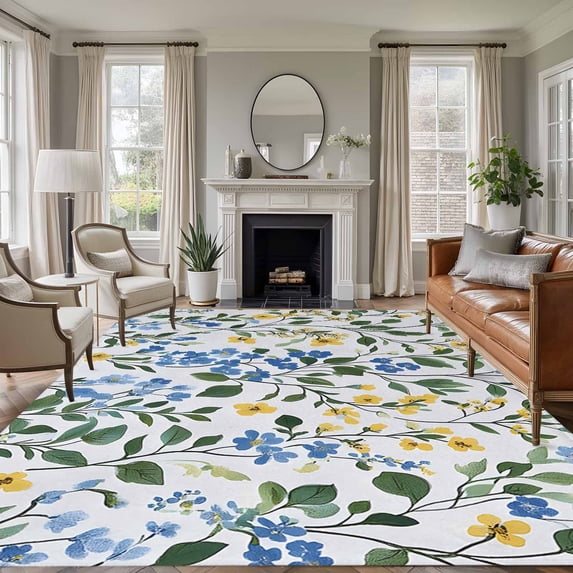 5'x7' Area Rugs, Blue Yellow Floral Spring Indoor Outdoor Area Rug for Living Room Bedroom, Green Pastoral Summer Botanical Washable Bathroom Rugs Kitchen Floor Carpet Mats Home Decor Aesthetic