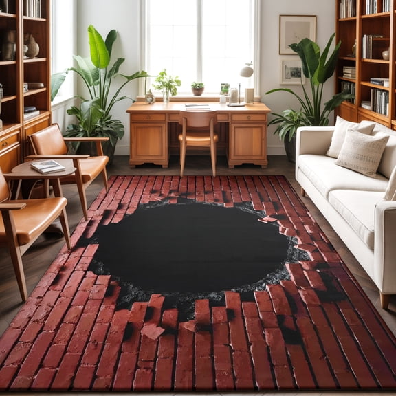 5'x7' Area Rugs, Brick Wall Indoor Outdoor Area Rug for Living Room Bedroom, Brick Red Ruined Industrial Art Washable Bathroom Rugs Kitchen Floor Carpet Mats Home Decor Aesthetic