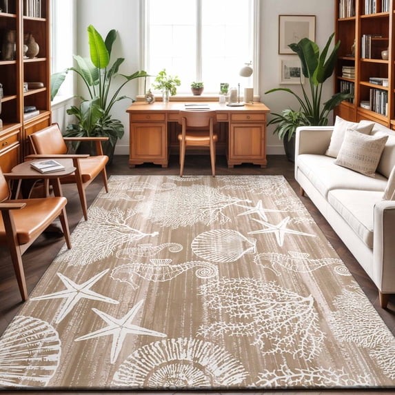 5'x7' Area Rugs, Brown Coastal Indoor Outdoor Area Rug for Living Room Bedroom, Nautical Coral Starfish Shell Seahorse Ocean Washable Bathroom Rugs Kitchen Floor Carpet Mats Home Decor Aesthetic