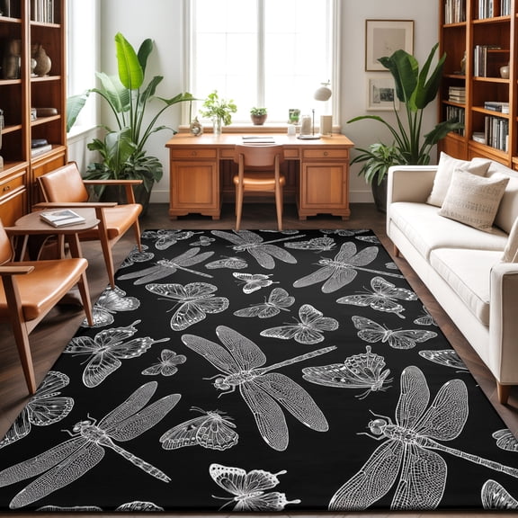 5'x7' Area Rugs, Butterflies Dragonfly Indoor Outdoor Area Rug for Living Room Bedroom, Black Vintage Rustic Animals Washable Bathroom Rugs Kitchen Floor Carpet Mats Home Decor Aesthetic