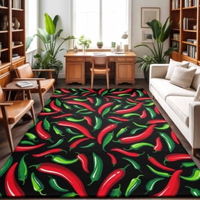 5'x7' Area Rugs, Chili Pepper Indoor Outdoor Area Rug for Living Room Bedroom, Black Mexican Food Green Red Hot Sauce Washable Bathroom Rugs Kitchen Floor Carpet Mats Home Decor Aesthetic