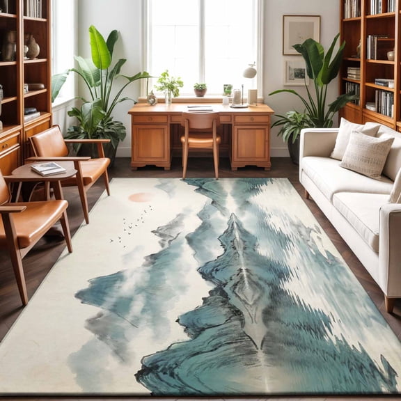 5'x7' Area Rugs, Chinese Ink Mountain Indoor Outdoor Area Rug for Living Room Bedroom, Abstract Art Lake Landscape Washable Bathroom Rugs Kitchen Floor Carpet Mats Home Decor Aesthetic