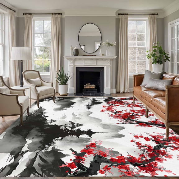 5'x7' Area Rugs, Chinese Mountain Indoor Outdoor Area Rug for Living Room Bedroom, Landscape Painting Red Plum Flowers Washable Bathroom Rugs Kitchen Floor Carpet Mats Home Decor Aesthetic