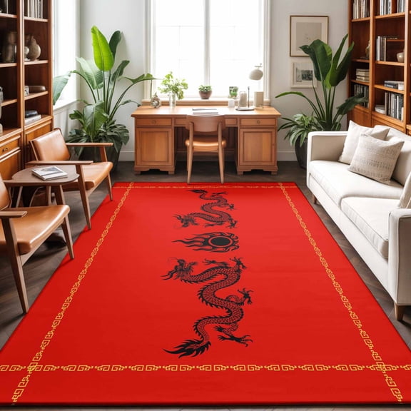 5'x7' Area Rugs, Chinese New Year Indoor Outdoor Area Rug for Living Room Bedroom, Black Dragon Traditional Oriental Red Washable Bathroom Rugs Kitchen Floor Carpet Mats Home Decor Aesthetic