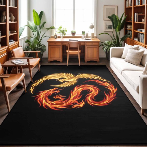 5'x7' Area Rugs, Chinese Style Indoor Outdoor Area Rug for Living Room Bedroom, Dragon Phoenix Gradient Fire Aesthetic Washable Bathroom Rugs Kitchen Floor Carpet Mats Home Decor Aesthetic