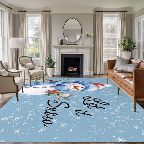 5'x7' Area Rugs, Christmas Snowman Indoor Outdoor Area Rug for Living Room Bedroom, Xmas Tree Winter Snowflake Blue Washable Bathroom Rugs Kitchen Floor Carpet Mats Home Decor Aesthetic