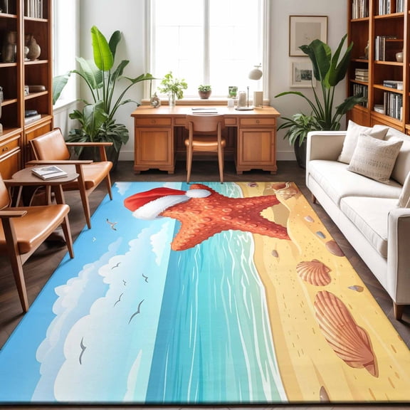 5'x7' Area Rugs, Coastal Christmas Indoor Outdoor Area Rug for Living Room Bedroom, Winter Beach Ocean Waves Starfish Washable Bathroom Rugs Kitchen Floor Carpet Mats Home Decor Aesthetic