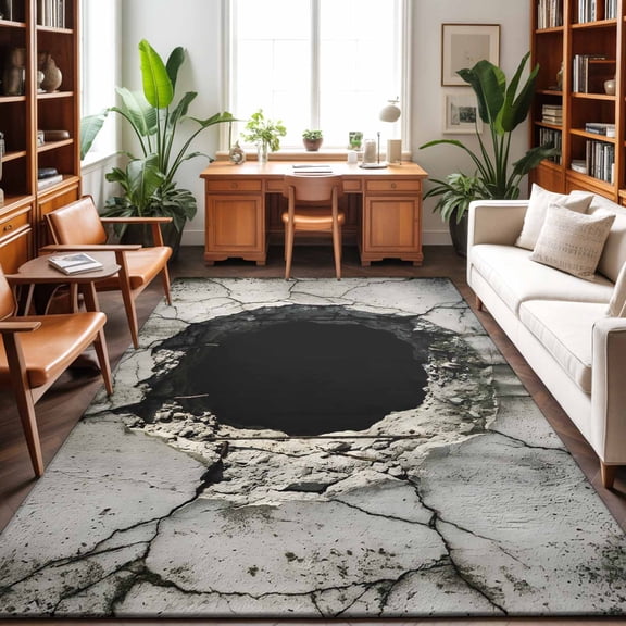 5'x7' Area Rugs, Cracked Wall Indoor Outdoor Area Rug for Living Room Bedroom, Dark Hole Concrete Urban Industrial 3D Washable Bathroom Rugs Kitchen Floor Carpet Mats Home Decor Aesthetic
