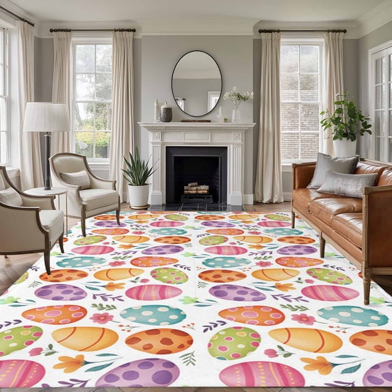 5'x7' Area Rugs, Easter Eggs Indoor Outdoor Area Rug for Living Room Bedroom, Colorful Eggs Spring Flowers Leaves Garden Plants Washable Bathroom Rugs Kitchen Floor Carpet Mats Home Decor Aesthetic