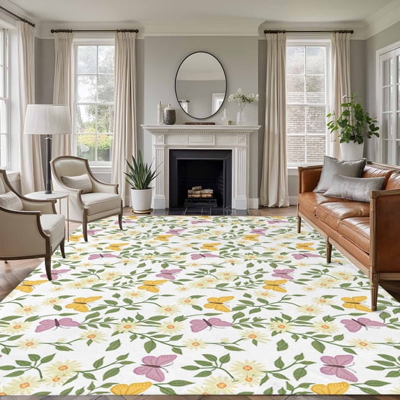 5'x7' Area Rugs, Easter Indoor Outdoor Area Rug for Living Room Bedroom, Spring Floral Daisy Flowers Butterflies Watercolor Washable Bathroom Rugs Kitchen Floor Carpet Mats Home Decor Aesthetic