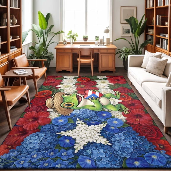 5'x7' Area Rugs, Funny Frog Indoor Outdoor Area Rug for Living Room Bedroom, Farmhouse Red Blue Floral Puerto Rico Flag Washable Bathroom Rugs Kitchen Floor Carpet Mats Home Decor Aesthetic