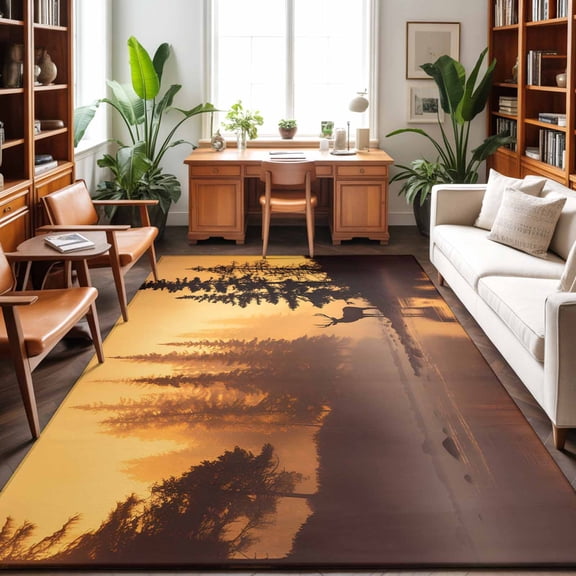 5'x7' Area Rugs, Golden Forest Elk Indoor Outdoor Area Rug for Living Room Bedroom, Foggy Pine Trees Lake Landscape Washable Bathroom Rugs Kitchen Floor Carpet Mats Home Decor Aesthetic