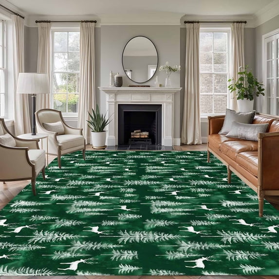 5'x7' Area Rugs, Green Christmas Indoor Outdoor Area Rug for Living Room Bedroom, Xmas Tree Elk Christmas Washable Bathroom Rugs Kitchen Floor Carpet Mats Home Decor Aesthetic
