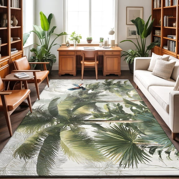 5'x7' Area Rugs, Green Palm Trees Indoor Outdoor Area Rug for Living Room Bedroom, Tropical Rainforest Botanical Summer Washable Bathroom Rugs Kitchen Floor Carpet Mats Home Decor Aesthetic