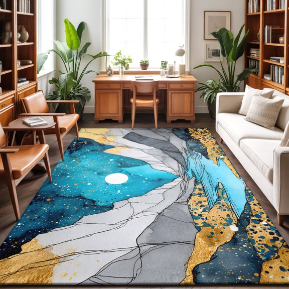 5'x7' Area Rugs, Grey Gold Mountains Indoor Outdoor Area Rug for Living Room Bedroom, Abstract Turquoise Blue Marble Moon Washable Bathroom Rugs Kitchen Floor Carpet Mats Home Decor Aesthetic