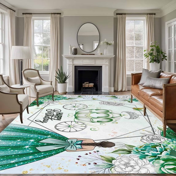 5'x7' Area Rugs, Happy Birthday Indoor Outdoor Area Rug for Living Room Bedroom, Green Dress Crown Carriage Flowers Butterfly Washable Bathroom Rugs Kitchen Floor Carpet Mats Home Decor Aesthetic