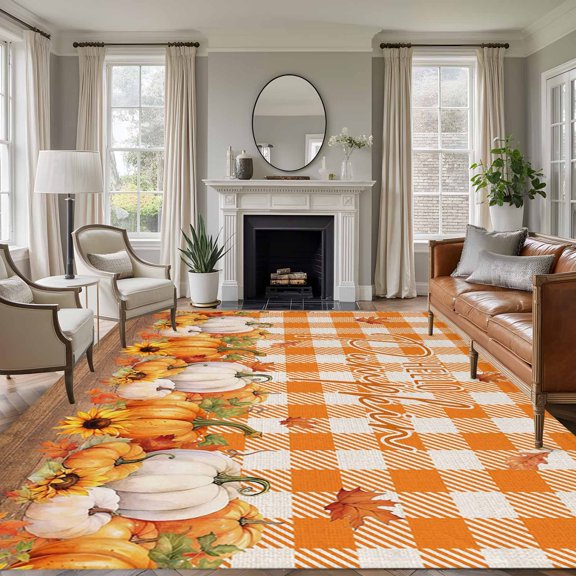 5'x7' Area Rugs, Hello Pumpkins Indoor Outdoor Area Rug for Living Room Bedroom, Thanksgiving Fall Maple Leaf Orange Plaid Washable Bathroom Rugs Kitchen Floor Carpet Mats Home Decor Aesthetic