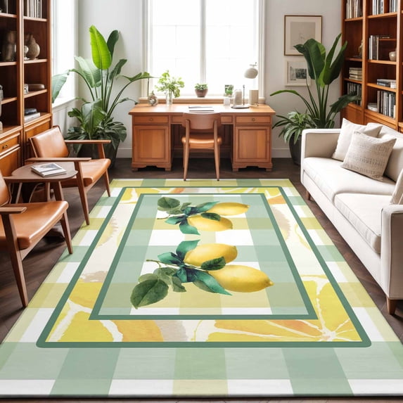 5'x7' Area Rugs, Lemon Indoor Outdoor Area Rug for Living Room Bedroom, Botanical Fruit Leaves Bow Yellow Green Striped Washable Bathroom Rugs Kitchen Floor Carpet Mats Home Decor Aesthetic