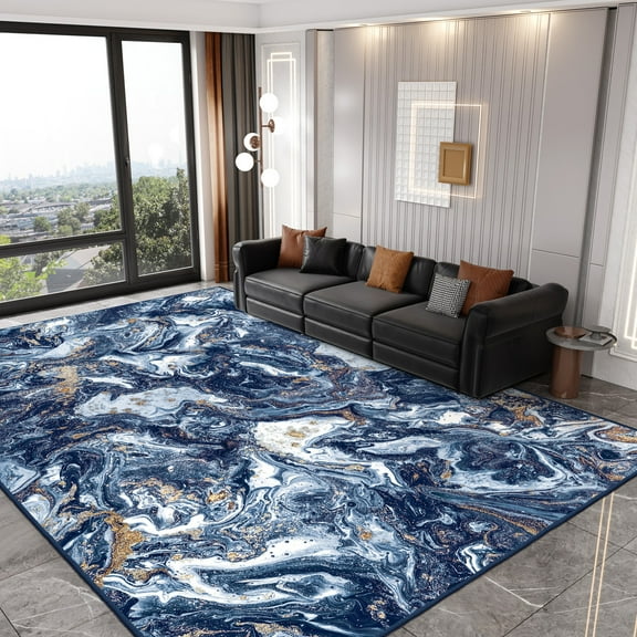 5'x7' Area Rugs for Living Room Artistic Style Modern Rug Soft Low Pile Non Slip Carpet Machine Washable Indoor Rug for Bedroom Dining Room Office, Dark Blue