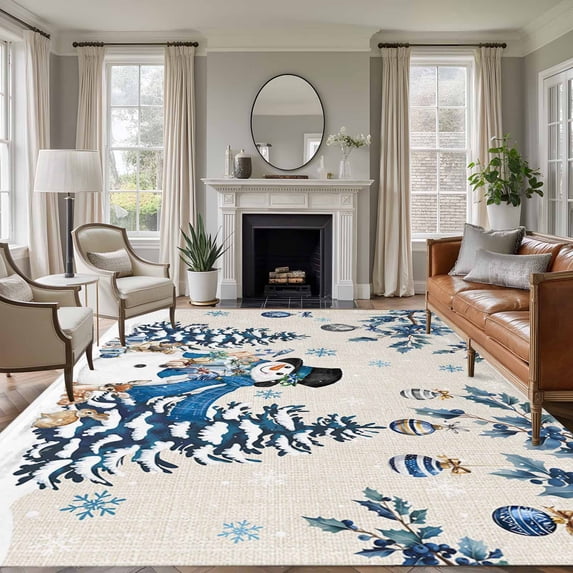 5'x7' Area Rugs for Living Room Bedroom, Blue Christmas Washable Rug Carpet Runner Indoor Outdoor, Snowman Xmas Tree Balls Snowflake Rustic Non Slip Floor Mats Area Rug for Kitchen, Nursery