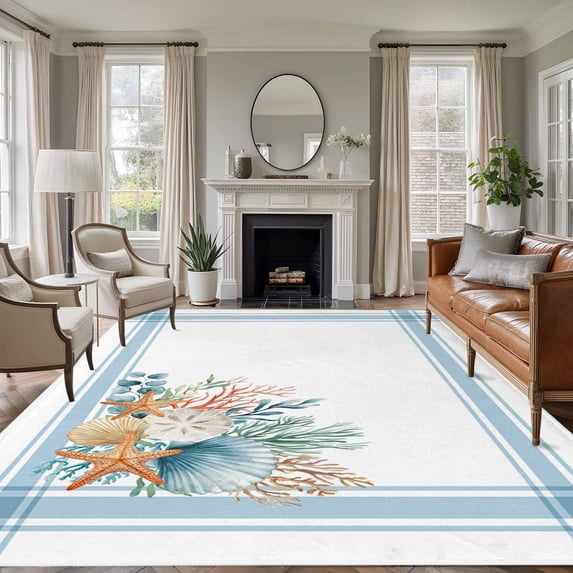 5'x7' Area Rugs for Living Room Bedroom, Blue Coastal Washable Rug Carpet Runner Indoor Outdoor, Nautical Starfish Eucalyptus Leaf Coral Striped Non Slip Floor Mats Area Rug for Kitchen, Nursery