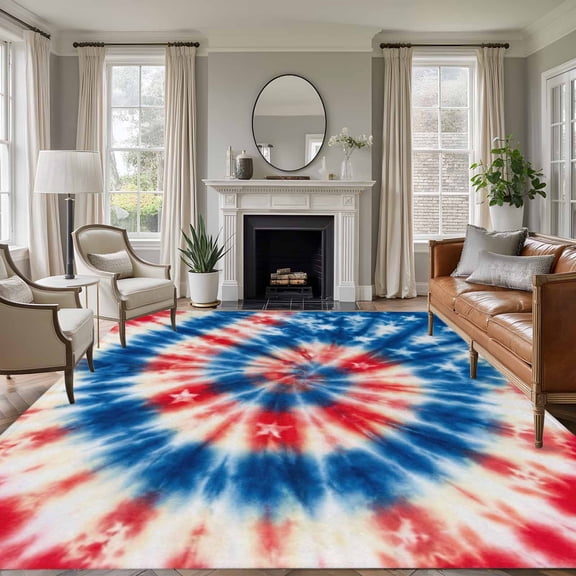 5'x7' Area Rugs for Living Room Bedroom, Blue Red American Flag Washable Rug Carpet Runner Indoor Outdoor, Abstract Art USA Tie-dye Non Slip Floor Mats Area Rug for Kitchen, Nursery