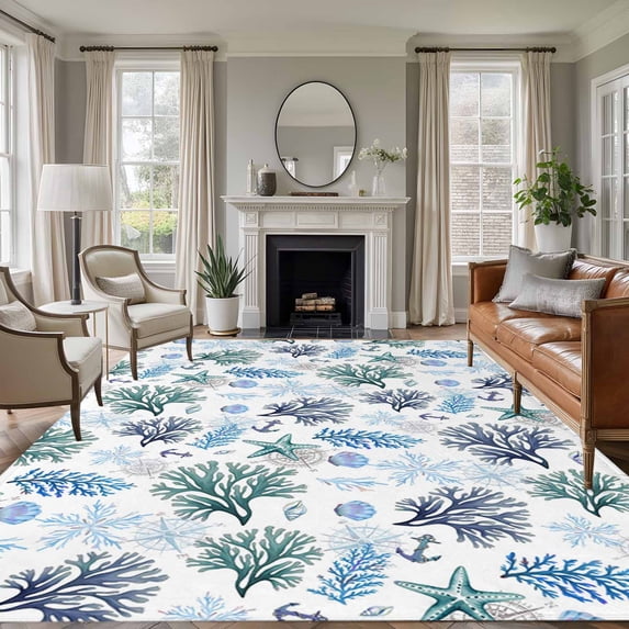 5'x7' Area Rugs for Living Room Bedroom, Blue Teal Coastal Washable Rug Carpet Runner Indoor Outdoor, Coral Starfish Seaside Summer Beach Non Slip Floor Mats Area Rug for Kitchen, Nursery